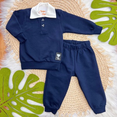 Conj. Casaco com Gola Baby Bear e Calça de Moletom - Marinho e Off White